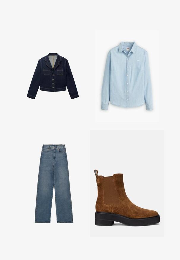 Mørkeblå denimjakke med klapkrave, to forlommer og knaplukning. Har synlige sømme og en cropped design.; Lyseblå skjorte med knapper lavet af blødt denimstof. Har en klassisk krave og lange ærmer, med et lille logo på brystet.; Højtaljede, bredbenede jeans i mellemblå denim. Har fem lommer, en frontknaplukning og kontrasterende syninger.; Brune ruskindsankelstøvle med elastiske sidepaneler, en afrundet tå og en lav sort platformsål. Har en trækflig på hælen.