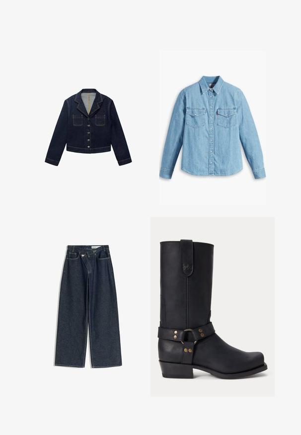 Mørkeblå denimjakke med klapkrave, to forlommer og knaplukning. Har synlige sømme og en cropped design.; Lyseblå denimskjorte med lange ærmer, spidse krave, to brystlommer, knaplukning og subtil tekstur. Ingen synlige mønstre.; Vide mørk denimbukser med høj talje, der har kontrasterende syninger, forlommer og lynlås foran.; Sort læder mellemhøje støvler med lav hæl, rund tå og dekorativ rem med metalnitter og ring omkring anklen.