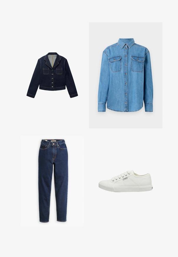 Donkerblauwe denimjacket met een gesneden kraag, twee voorkezen en knoopsluiting. Heeft zichtbare naden en een cropped ontwerp.; Lichtblauwe denim overhemd met lange mouwen, knoopsluiting aan de voorkant, twee borstzakken en een klassieke kraag. Voorzien van contrasterende stiksels.; Donkerblauwe denimjeans met een hoge taille, vijf-pocket ontwerp en rechte pijpen. Contrasterende stiksels en een knopen-flapsluiting.; Witte canvas sneakers met ronde neus, zes veters, textuur zijpanelen en rubberen zool. Klein merkje aan de zijkant.