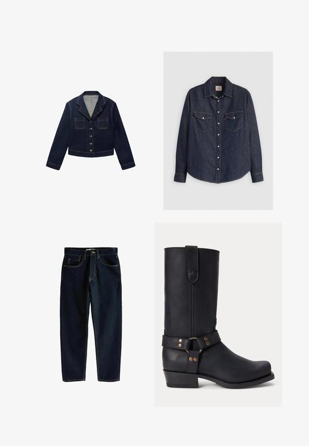 Donkerblauwe denimjacket met een gesneden kraag, twee voorkezen en knoopsluiting. Heeft zichtbare naden en een cropped ontwerp.; Donkerblauwe denim overhemd met lange mouwen, kraag met knopen aan de voorkant, twee borstzakken met kleppen en contrasterende gele stiksels.; Next COLUMN TALL - Jeans Tapered Fit - rinse blue; Zwarte leren laars tot halverwege de kuit met lage hak, ronde neus en decoratieve band met metalen klinknagels en ring rond de enkel.