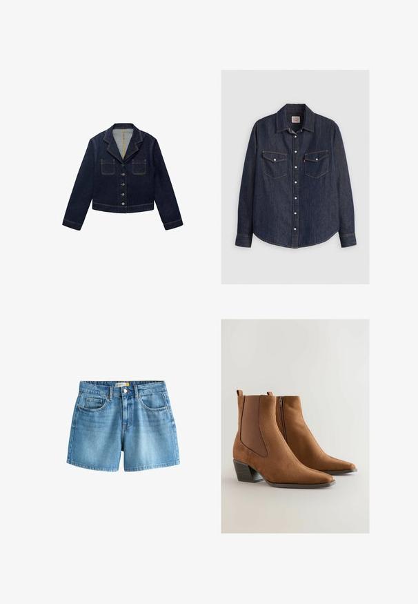 Mørkeblå denimjakke med klapkrave, to forlommer og knaplukning. Har synlige sømme og en cropped design.; Mørkeblå denimskjorte med lange ærmer, knaplukning fortil, to brystlommer med klapper og kontrasterende gule sømme.; Blå denimshorts med frontknap, fem lommer og bæltestropper, med en let falmet vask.; Brune ruskind ankelstøvler med spids tå, elastiske sidestykker og en lav stablet hæl. Har en lynlås på den ene side.
