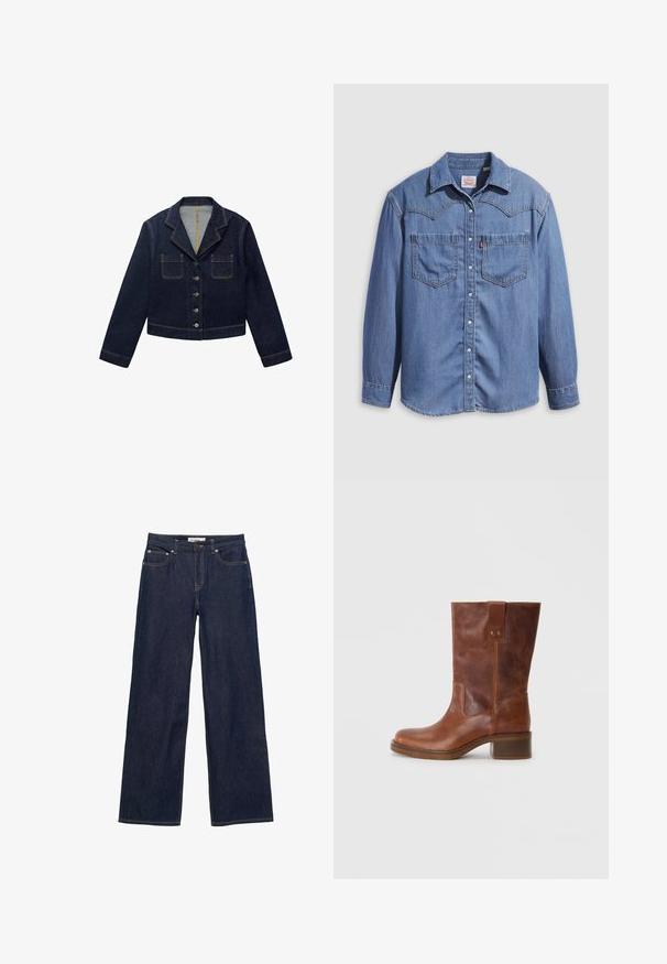 Donkerblauwe denimjacket met een gesneden kraag, twee voorkezen en knoopsluiting. Heeft zichtbare naden en een cropped ontwerp.; Lichtblauw denimshirt met een puntkraag, twee borstzakken en drukknopen. Voorzien van een westernstijl yoke-ontwerp.; Donkerblauwe jeans met rechte pijpen, voorzakken, riemlussen, knoopsluiting en zichtbare contrasterende stiksels.; Bruine leren kniehoge laars met een ronde neus, contrasterende zijpaneel en een lage blokhak. Voorzien van een achtertegel en metalen studs.