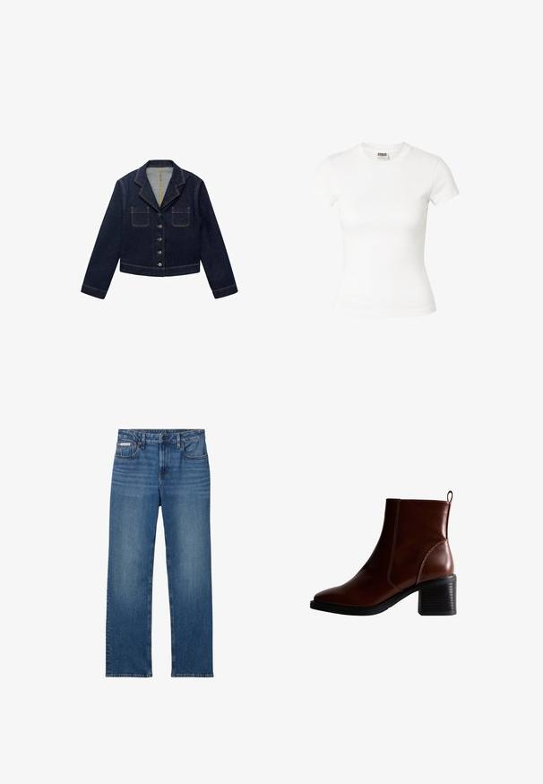 Mørkeblå denimjakke med klapkrave, to forlommer og knaplukning. Har synlige sømme og en cropped design.; Tæt siddende hvid t-shirt med korte ærmer og rund hals med Urban Classics mærke inde i halsudskæringen.; Blå straight-leg denim jeans med bæltestropper, knap- og lynlås-lukning samt for- og baglommer, der har et lille Calvin Klein mærke.; Brun læder ankelstøvle med firkantet tå og sidesøm, en 7,5 cm stablet hæl og en trækflap bagpå for nem påtagning.