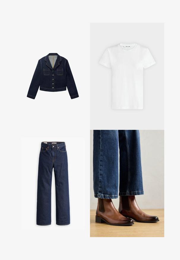Donkerblauwe denimjacket met een gesneden kraag, twee voorkezen en knoopsluiting. Heeft zichtbare naden en een cropped ontwerp.; Effen witte T-shirt met korte mouwen en ronde hals, plat liggend op een lichtgrijze achtergrond, met voorzijde en label aan de binnenkant van de halslijn zichtbaar.; Donkerblauwe rechte spijkerbroek met vijf zakken, oranje stiksels en een knopen sluiting.; Bruine leren enkellaarsjes met elastische zijpanelen, vierkante neus en lage blokhak, gedragen met blauwe jeans. Hardhouten vloer eronder.