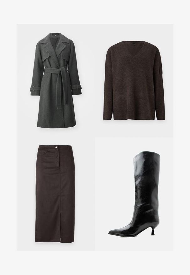 Grå uld trenchcoat med bælte i taljen, klippet krave og lange ærmer med tab. Har kontrastsyninger og en lige pasform.; Mørkebrun, v-hals sweater med lange ærmer og løs pasform. Blød tekstur og let ribbede manchetter og kant. Ingen synlige logoer.; Brun, knælang nederdel lavet af glat stof. Har en frontslids, knaplukning og sidelommer for ekstra funktionalitet.; Sort skinnende knæhøj læderstøvle med spids tå og lav buet hæl på en ensfarvet lys baggrund.