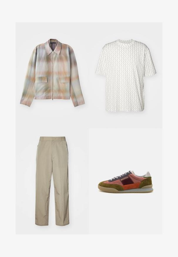 Veste zippée à col structuré, présentant un motif dégradé pastel, deux poches avant et un tissu lisse légèrement texturé.; T-shirt blanc avec un motif « A » gris répétitif, manches courtes, encolure ronde et coupe décontractée. Fabriqué en tissu doux.; Pantalons légers beiges à coupe décontractée, dotés d'une taille élastique et de poches latérales. Le tissu semble texturé et légèrement froissé.; PS Paul Smith DOVER - Baskets basses - pink