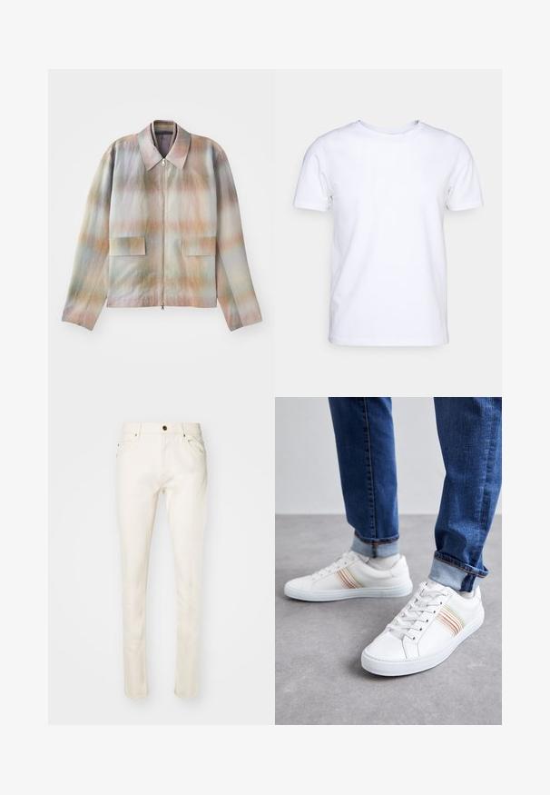 Veste zippée à col structuré, présentant un motif dégradé pastel, deux poches avant et un tissu lisse légèrement texturé.; T-shirt blanc à manches courtes en tissu de coton avec un col rond. Design simple sans motifs ni accents. Texture lisse.; Jean en coton beige avec une coupe slim, dotés d'un bouton à l'avant, de cinq poches et de détails de couture subtils. Texture lisse et jambe fuselée.; Baskets en cuir blanc avec des rayures multicolores, design à lacets, semelle en caoutchouc et col rembourré, associées à un jean en denim bleu.