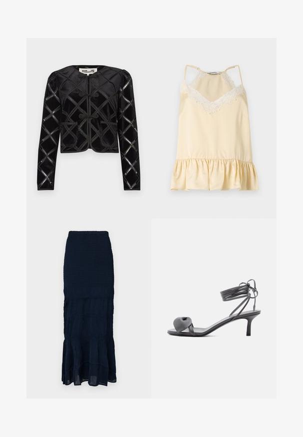 Veste courte en velours noir présentant un motif en losanges avec des accents brillants, un col rond, des boutons à bascule et deux poches avant.; Camisole en satin crème avec bordure en dentelle blanche au niveau de l'encolure, bretelles spaghetti réglables et ourlet à volants.; Jupe midi bleu marine smockée avec un ourlet à volants en plusieurs niveaux et un tissu texturé. Taille élastique pour un ajustement réglable.; Sandale à talon en cuir gris avec une bride nouée sur les orteils et des lacets enroulants autour de la cheville, sur un talon moyen et fin, sur fond blanc.