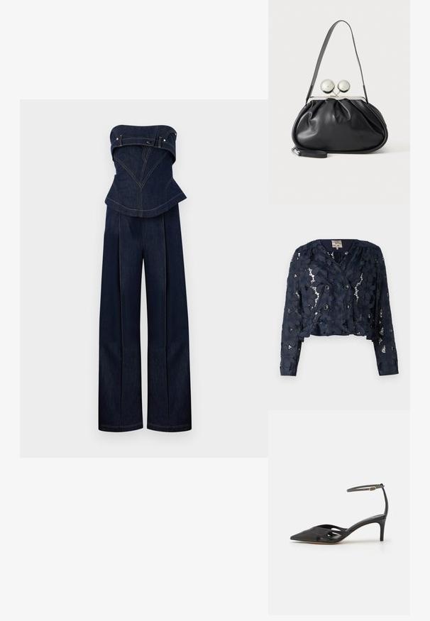 Marineblå cropped jakke lavet af blonde med blomsterprint, med en dobbeltbrystet lukning og to knapper. Tekstureret, semi-gennemsigtig stof.; Mørkeblå denim stropløs jumpsuit med struktureret top og vidde bukser, med kontrastsyninger og bælte-detaljer ved brystet.; Sort læder højhælet sko med spids tå, åbne sider og en tynd ankelrem med en lille guld detalje.; Sort læderhåndtaske med opsamlet design, en enkelt rem, sølv metalramme og to store runde sølv lukninger.