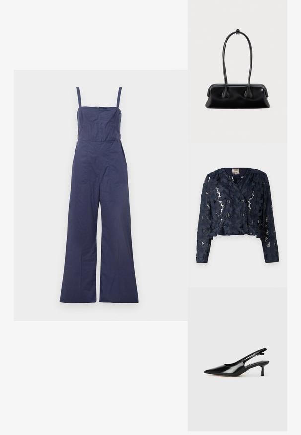 Marineblå cropped jakke lavet af blonde med blomsterprint, med en dobbeltbrystet lukning og to knapper. Tekstureret, semi-gennemsigtig stof.; Mørkeblå jumpsuit med tynde stropper, tætsiddende bodice og brede bukser. Har en lynlås bagpå og en glat stofstruktur.; Sorte patenterede slingback hæle med spids tå, tynd hæl og justerbar spænde-rem. Glat tekstur med minimal udsmykning.; Sort læderhåndtaske med to forlængede håndtag, en glat tekstur og en rund bund med dekorative detaljer på siderne.