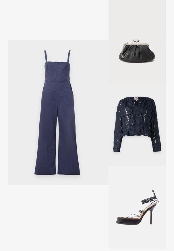 Marineblå cropped jakke lavet af blonde med blomsterprint, med en dobbeltbrystet lukning og to knapper. Tekstureret, semi-gennemsigtig stof.; Mørkeblå jumpsuit med tynde stropper, tætsiddende bodice og brede bukser. Har en lynlås bagpå og en glat stofstruktur.; Sort højt hælede sandal med tynde læderremme, der vikles omkring foden og anklen, med en spids stilethælhæl.; Sort læder clutch med samlet tekstur, sølvfarvet metalramme, kys-lås lukning og kædestrop. Glat, blød overflade.