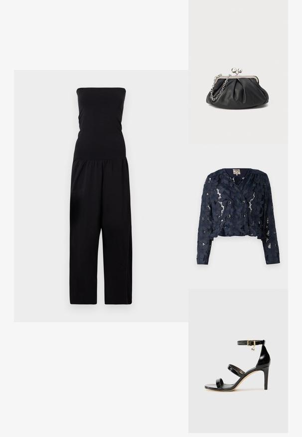 Marineblaue, verkürzte Jacke aus Spitze mit floralen Mustern, mit einer doppelt geknöpften Vorderseite und zwei Knöpfen. Strukturierter, halbtransparenter Stoff.; By Malene Birger MARCIEL - Jumpsuit - black; Schwarze Lackleder-Sandale mit drei Riemen, Knöchelriemen und 10 cm hohen Stiletto-Absatz. Verfügt über goldfarbene Hardware-Details und ein Logo-Charm.; Schwarze Leder-Clutch mit geraffter Textur, silberfarbener Metallrahmen, Druckverschluss und Kettenriemen. Glatte, weiche Oberfläche.