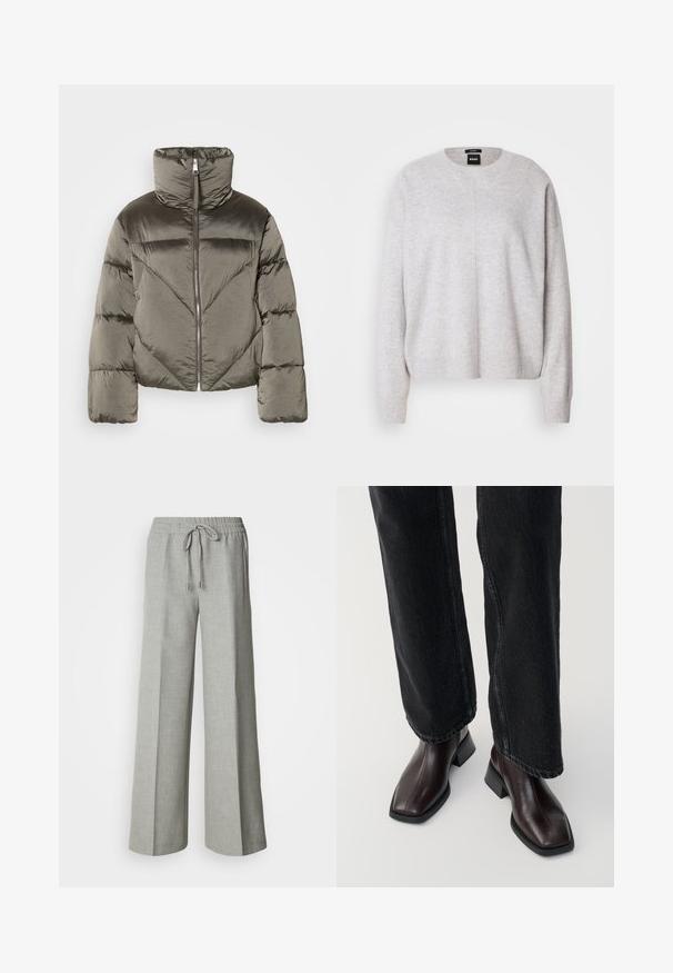 Doudoune olive avec un col montant, une fermeture éclair et un motif de matelassage diagonal. Dispose de manches volumineuses et d'un design cropped.; BOSS FASCONA - Pullover - light pastel grey; Pantalon ample gris clair avec taille élastique et cordon de serrage, poches avant, et tissu texturé subtil.; Bottines en cuir marron avec un orteil carré et un talon carré, associées à un jeans noir à jambes larges. Texture lisse et design minimaliste.