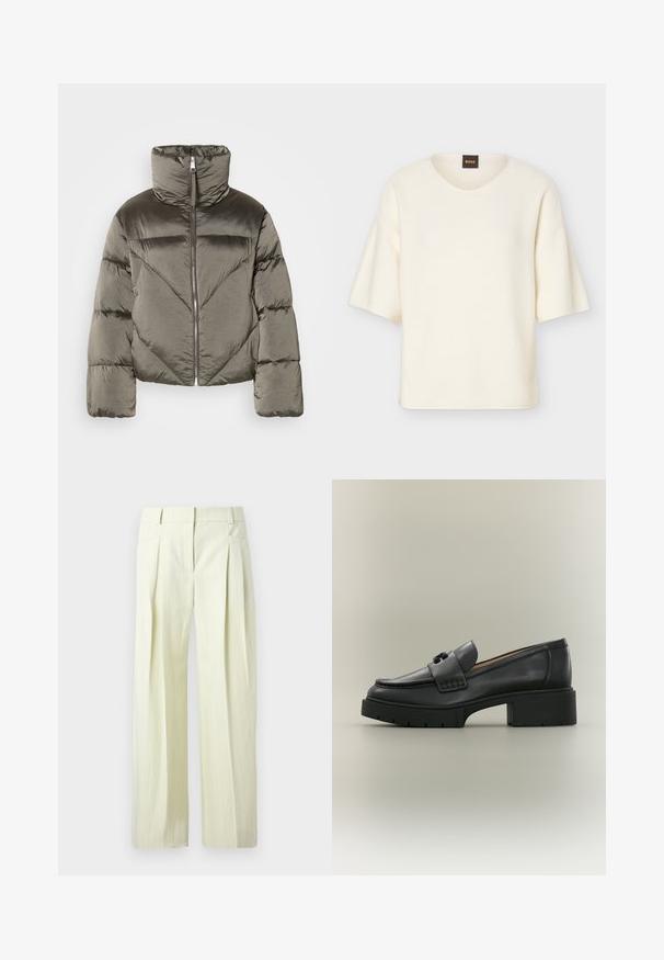 Doudoune olive avec un col montant, une fermeture éclair et un motif de matelassage diagonal. Dispose de manches volumineuses et d'un design cropped.; Pull à manches courtes couleur crème avec un col rond et une coupe ample, doté d'une petite étiquette noire avec le texte "BOSS" en orange au niveau du col.; Pantalon ample couleur crème avec fines rayures verticales, plis à l'avant, poches latérales, et passants pour ceinture.; Mocassin en cuir noir avec semelle épaisse et boucle décorative, présenté de côté sur un fond neutre.