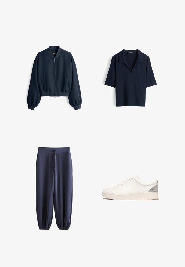 Marineblauwe bomberjack met rits aan de voorkant, geribde manchetten en zoom, twee voorzakken met openingen en een geribde kraag.; Marineblauw shirt met korte mouwen, open kraag en V-hals, met een rechte zoom, plat gelegd tegen een witte achtergrond.; Donkerblauwe casual joggingbroek met elastische tailleband, trekkoord, zijzakken en elastische boorden bij de enkels op een witte achtergrond.; Witte sneaker met een gladleren bovenwerk, ronde neus en subtiele grijze textuuraccent bij de hak. Platte rubberen zool met een minimalistisch ontwerp.