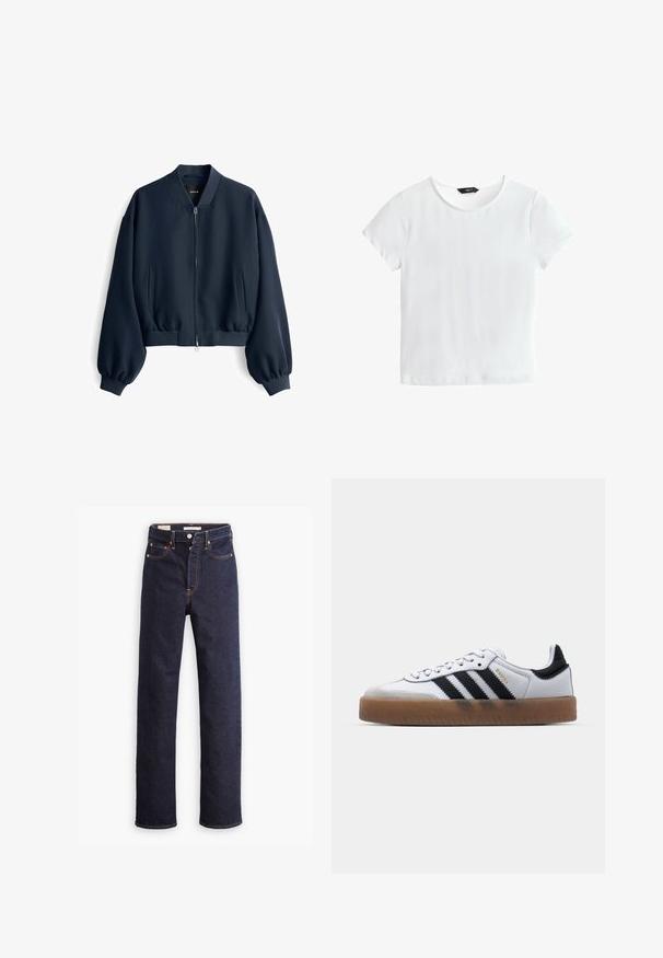 Marineblauwe bomberjack met rits aan de voorkant, geribde manchetten en zoom, twee voorzakken met openingen en een geribde kraag.; Witte T-shirt met korte mouwen en ronde hals, met een zwart label aan de binnenkant van de kraag waarop "NEXT" staat.; Donkerblauwe straight-leg denim jeans met vijf zakken en zichtbare oranje stiksels op een witte achtergrond.; Witte leren sneakers met zwarte strepen, gumrubberen buitenzool, ronde neus, vetersluiting en een zachte grijze suède neuskap.