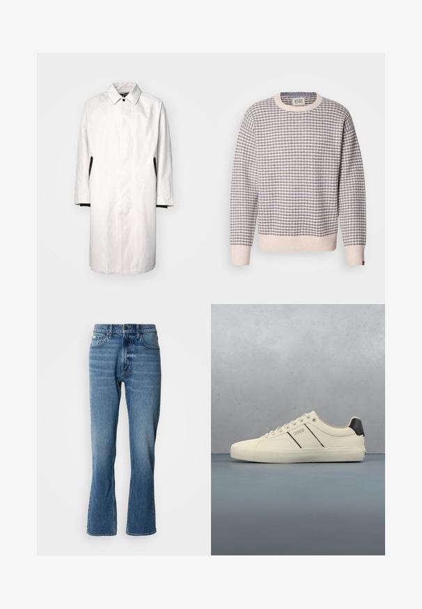 Vaaleanharmaa, polvimittainen takki, jossa on kaulus, napitussulkeminen ja mustat yksityiskohdat sivuilla. Valmistettu sileästä, kevyestä kankaasta.; Scotch & Soda DROPPED SHOULDER PULLOVER - Neule - grey melange/ eggnog; Vaaleansiniset farkut, joissa on suora leikkaus ja hieman levenevät lahkeet. Ominaisuuksiin kuuluu viisi taskua, napitus ja hienovaraiset kulutustiedot.; Kermanväriset tennarit, joissa on sileä pinta, mustilla yksityiskohdilla ja brändäyksellä. Klassinen nauhoilla suljettava malli, pyöreä kärki ja kumipohja.