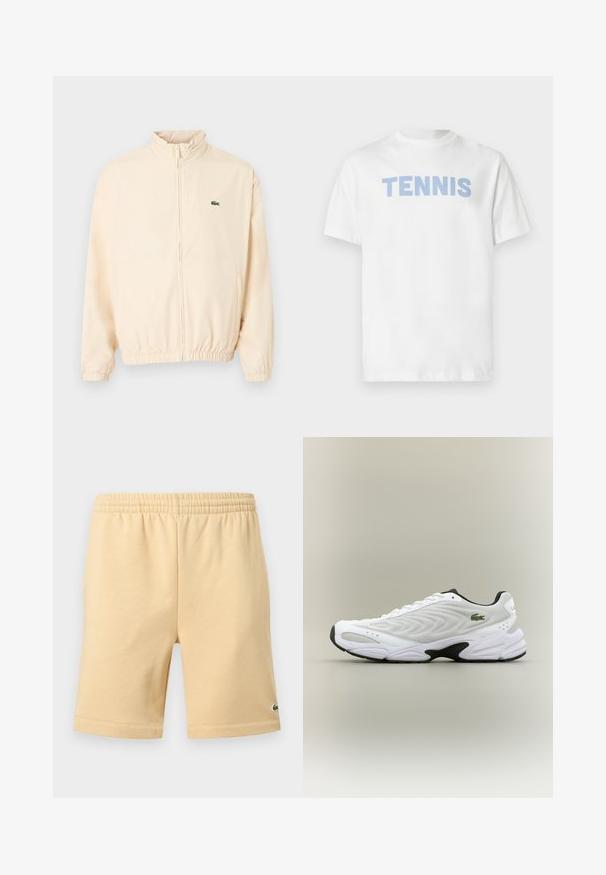 Veste beige à fermeture éclair avec poignets et ourlet élastiques, col montant, et petit logo crocodile vert sur le côté gauche de la poitrine.; T-shirt en coton blanc à manches courtes, avec le mot « TENNIS » en lettres capitales bleu clair sur la poitrine.; Shorts décontractés beige avec taille élastique et petit logo vert brodé en bas de la jambe droite.; Baskets de sport blanches avec un dessus en mesh texturé, un design courbé et une semelle noire contrastante. Présente un logo brodé vert sur le côté.