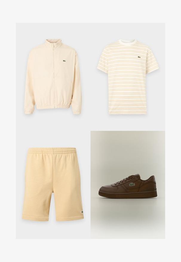 Veste beige à fermeture éclair avec poignets et ourlet élastiques, col montant, et petit logo crocodile vert sur le côté gauche de la poitrine.; T-shirt à manches courtes avec col rond, à fines rayures horizontales beige sur fond blanc, arborant un petit logo de crocodile vert sur la poitrine.; Shorts décontractés beige avec taille élastique et petit logo vert brodé en bas de la jambe droite.; Baskets basses en cuir marron avec un design à lacets et un logo crocodile vert sur le côté, présentées sur un fond neutre uni.