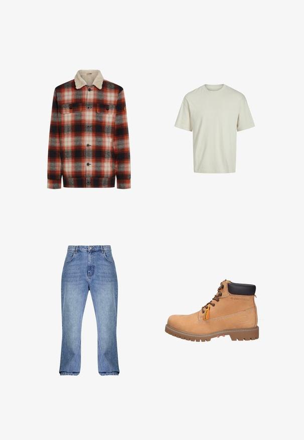 Rood, zwart en wit geruit jack met knopen aan de voorkant, twee borstzakken en een crèmekleurige sherpa-kraag.; Lichtbeige, T-shirt met korte mouwen van zacht katoen, met een ronde halslijn en een losse pasvorm, zonder extra patronen of accenten.; Lichtblauwe denim jeans met een hoge taille, rechte snit en licht uitlopende pijpen. Bevat klassieke vijf-pocket styling en riemlussen.; Tansuède enkellaars met zwarte gewatteerde kraag, bruine veters en oranje accent. Beschikt over een gestructureerde rubberen zool met diepe profiel voor grip.