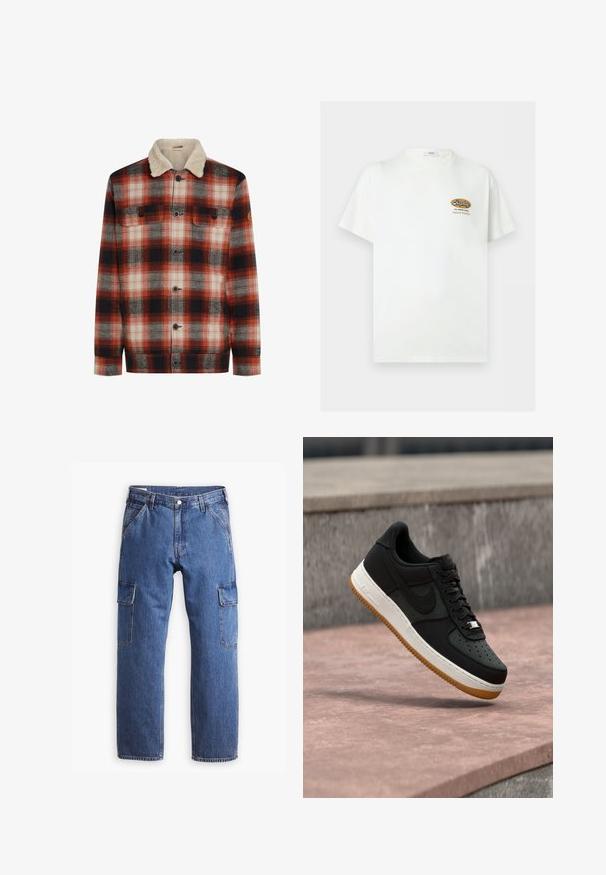 Rood, zwart en wit geruit jack met knopen aan de voorkant, twee borstzakken en een crèmekleurige sherpa-kraag.; Wit T-shirt met korte mouwen met klein bruin-zwart "Replay The Denim Goods Superior Standard" logo op de linkerborst.; Blauwe denim cargobroek met een rechte pijp, twee zijzakken en zichtbare stikseldetails. Over het algemeen een casual en functionele stijl.; Zwarte lage sneaker met witte tussenzool, rubberen buitenzool en Nike-swooshlogo, zwevend boven een roze betonnen oppervlak met een achtergrond van een stenen muur.