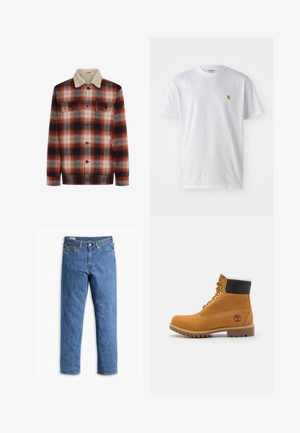 Rood, zwart en wit geruit jack met knopen aan de voorkant, twee borstzakken en een crèmekleurige sherpa-kraag.; Witte katoenen t-shirt met korte mouwen en ronde hals, voorzien van een klein gouden logo op de linkerkant van de borst. Zachte textuur en een normale pasvorm.; Blauwe denim spijkerbroek met een recht gesneden pijp, koperen klinknagels en een vijf-pocket ontwerp. Bevat een gestikte zoom en een klassieke tailleband met riemlussen.; Bruine leren enkellaars met metalen oogjes, witte faux bont voering, zwarte gewatteerde kraag, robuuste zool en een reliëflogo aan de zijkant.