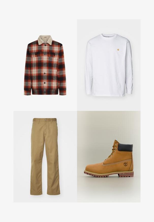 Rot-schwarz-weiße karierte Jacke mit Knopfverschluss, zwei Brusttaschen und einem krämfarbenen Sherpa-Kragen.; Weißes Langarm-T-Shirt aus Baumwolle. Mit kleinem goldenem Logo auf der Brust und Rundhalsausschnitt. Einfaches Design und normale Passform.; Khaki Chinos mit geradem Bein, aus glattem Baumwollstoff gefertigt. Mit einer Knopfverschluss vorn und seitlichen Taschen.; Brauner Leder-Stiefelette mit schwarzem Kragen, gelben Schnürsenkeln und hellbrauner Sohle. Verfügt über ein Logo und weiße Ziernähe. Robuste Profilsohle.
