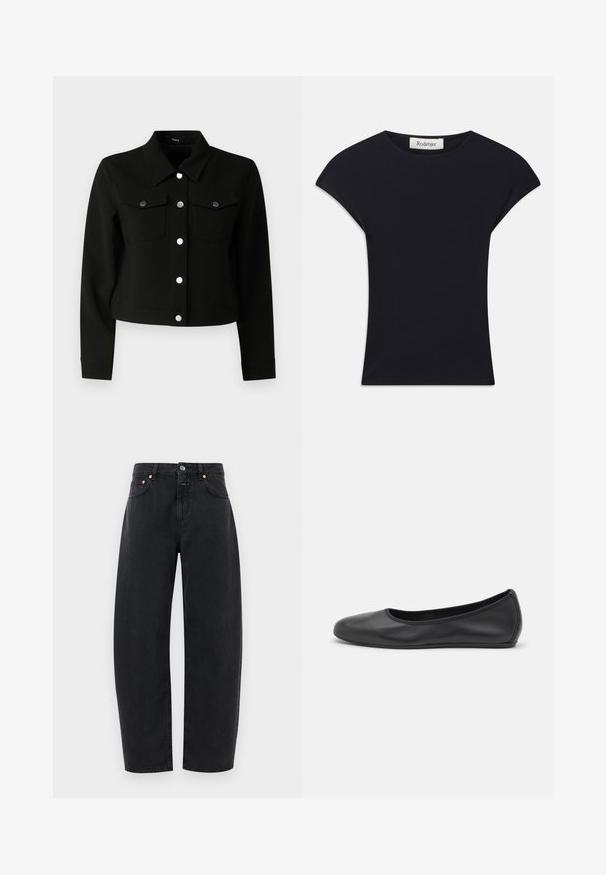 Veste noire cropped avec un col pointu, des manches longues, deux poches poitrine à rabat et des boutons pression argentés sur le devant.; Haut noir à manches courtes en tissu doux, avec un col rond et une coupe ajustée, ornée de légers accents d'épaule. Étiquette visible.; Jean en denim noir avec un design à jambe droite, cinq poches et des accents en cuivre. Le tissu a une texture lisse et une couture classique.; Ballerines en cuir noir avec un bout rond, texture lisse, détails de couture minimalistes et design de semelle flexible.