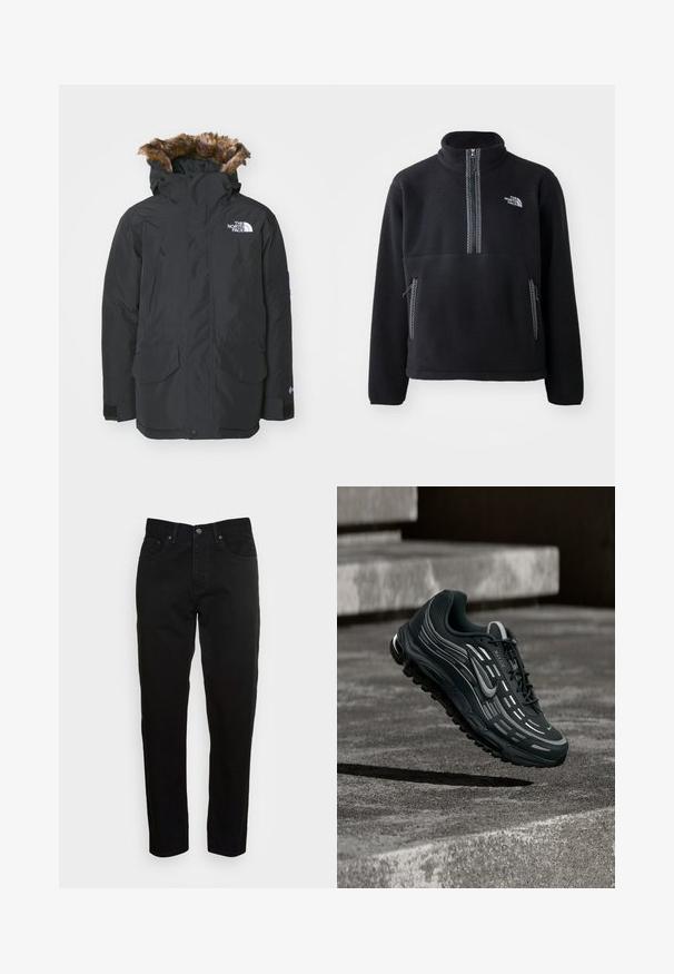 Sort parka-jakke med faux fur-fór i hætten. Har to frontlommer, mærke-logo på brystet og justerbare manchetter med velcro.; Sort fleece halv-zip pullover med høj krave, der har en brystlomme og to sidelommer. Designet inkluderer en kontrastfarvet lynlåsdetalje.; Sorte slim-fit jeans med frontknaplukning og fem-lomme design, vist mod en enkel lys grå baggrund.; Sort og grå Nike Air Max sneaker, der flyder over grå betontrin med tekstureret jordbaggrund.