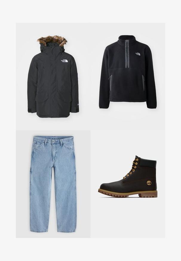 Schwarze Parkajacke mit Kunstfell gefütterter Kapuze. Verfügt über zwei Fronttaschen, ein Markenlogo auf der Brust und verstellbare Bündchen mit Klettverschluss.; Schwarzer Fleece-Halbzip-Pullover mit hohem Kragen, ausgestattet mit einer Brusttasche und zwei Seitentaschen. Das Design enthält einen kontrastierenden Reißverschluss.; Hellblaue Jeans mit geradem Bein, vorderem Knopf, Reißverschluss, Gürtelschlaufen und schrägen Vordertaschen auf einfarbigem Hintergrund.; Schwarze Leder-Ankle-Boots mit goldenen Ösen, braunen Akzenten und einer Gummisohle. Verfügt über einen gepolsterten Schaft und ein geprägtes Logo an der Seite.