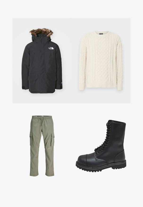 Zwarte parka jas met kunstbont gevoerde capuchon. Voorzien van twee voorzakken, een merklogo op de borst en verstelbare manchetten met klittenband.; Trui met kabelbreisel in off-white, voorzien van een ronde hals, geribbelde manchetten en zoom, met gestructureerde patronen door de stof heen.; Lichtgroene cargobroek gemaakt van ademende, lichtgewicht stof. Voorzien van een elastische tailleband, meerdere zijzakken en een rechte pijp.; Zwarte leren gevechtslaars met een hoge schacht, vetersluiting aan de voorkant, gewatteerde kraag en een stevige, gestructureerde zool voor grip. Bevat een versterkte neus.