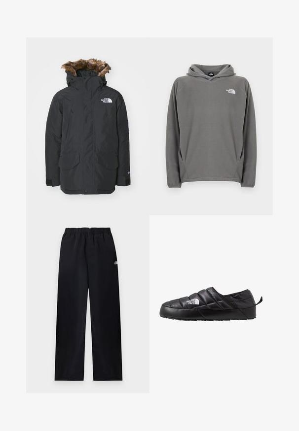 Zwarte parka jas met kunstbont gevoerde capuchon. Voorzien van twee voorzakken, een merklogo op de borst en verstelbare manchetten met klittenband.; Grijze fleece hoodie met een voorzak, verstelbare capuchon met trekkoord en een klein wit logo op de linkerborst.; Zwarte broek met rechte pijpen en elastische taille, met een klein wit logo op de bovenste rechterdij, plat uitgestald op een lichte achtergrond.; Zwarte instapschoen met een gequilt ontwerp, gemaakt van gevoerd materiaal. Heeft een gestructureerde rubberen zool en een klein trekkoord aan de achterkant.