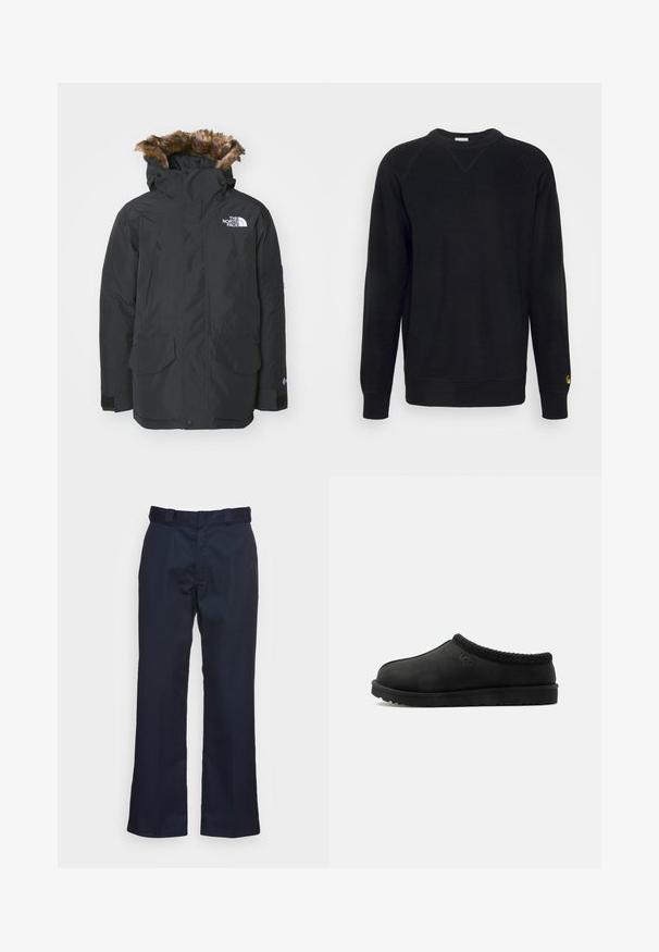 Sort parka-jakke med faux fur-fór i hætten. Har to frontlommer, mærke-logo på brystet og justerbare manchetter med velcro.; Sort sweatshirt med struktureret stof, rund udskæring og lange raglanærmer. Har et lille gyldent logo på den nederste ærme.; Mørkeblå bukser med lige ben-design, lavet af et glat stof, med en standard talje og uden synlige mønstre eller hardware.; Sort slip-on UGG-tøfler med en blød sål og strikket kant rundt kraven, sidevisning på hvid baggrund.