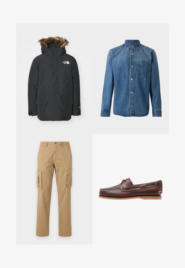 Zwarte parka jas met kunstbont gevoerde capuchon. Voorzien van twee voorzakken, een merklogo op de borst en verstelbare manchetten met klittenband.; Blauw denim overhemd met lange mouwen, knopen aan de voorkant, puntige kraag en één borstzak op een witte achtergrond.; Beige cargobroeken met twee zijzakken, een knoopsluiting, rechte pijpen en een zachte, getextureerde stof.; Bruine leren bootschoen met witte stiksels, veterdetails en beige rubberen zool, zijaanzicht op een witte achtergrond.