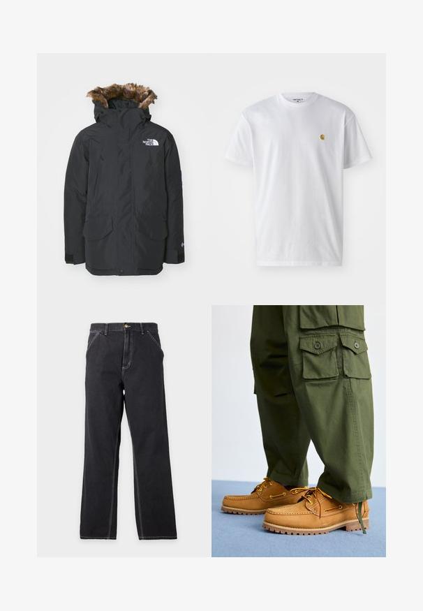 Sort parka-jakke med faux fur-fór i hætten. Har to frontlommer, mærke-logo på brystet og justerbare manchetter med velcro.; Hvid bomulds t-shirt med korte ærmer, rund hals og et lille guld logo på venstre brystområde. Blød tekstur og almindelig pasform.; Sorte jeans med lige ben, forlommer, bæltestropper og synlige hvide syninger på en ensfarvet lys grå baggrund.; Timberland AUTHENTIC 3 EYE - Sejlersko - wheat