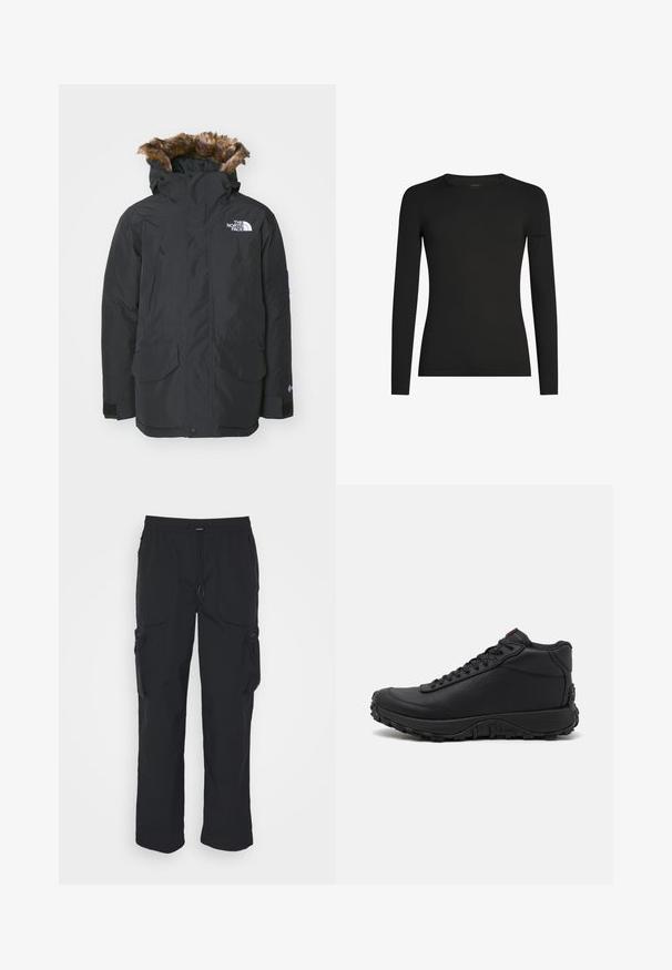 Zwarte parka jas met kunstbont gevoerde capuchon. Voorzien van twee voorzakken, een merklogo op de borst en verstelbare manchetten met klittenband.; Zwart, aansluitend shirt met lange mouwen en ronde hals, met subtiel Icebreaker-logo op de linker mouw, weergegeven op een witte achtergrond.; Zwarte cargobroek van geweven stof. Voorzien van een verstelbare tailleband, zijzakken en twee utilityzakken met ritsen.; Zwarte high-top sneakers van gestructureerd leer, voorzien van een dikke rubberen zool met grippatronen en een vetersluiting. Rode accenten op de tong.