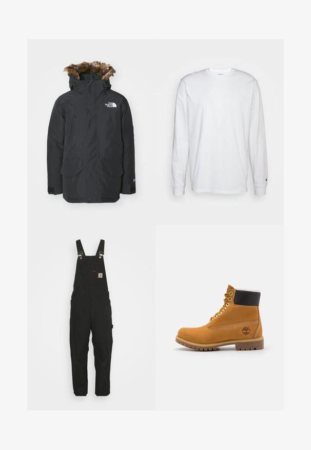 Sort parka-jakke med faux fur-fór i hætten. Har to frontlommer, mærke-logo på brystet og justerbare manchetter med velcro.; Hvid langærmet T-shirt lavet af bomuld. Rund halsudskæring med ribbede manchetter og et lille logo på venstre ærme. Glat tekstur.; Sorte bomuldsoveralls med justerbare stropper, en forlommes med logo patch og to sidelommer i en afslappet pasform.; Brune læder ankelstøvle med metaløjer, hvid pelsforing, sort polstret krave, robust sål og præget logo på siden.