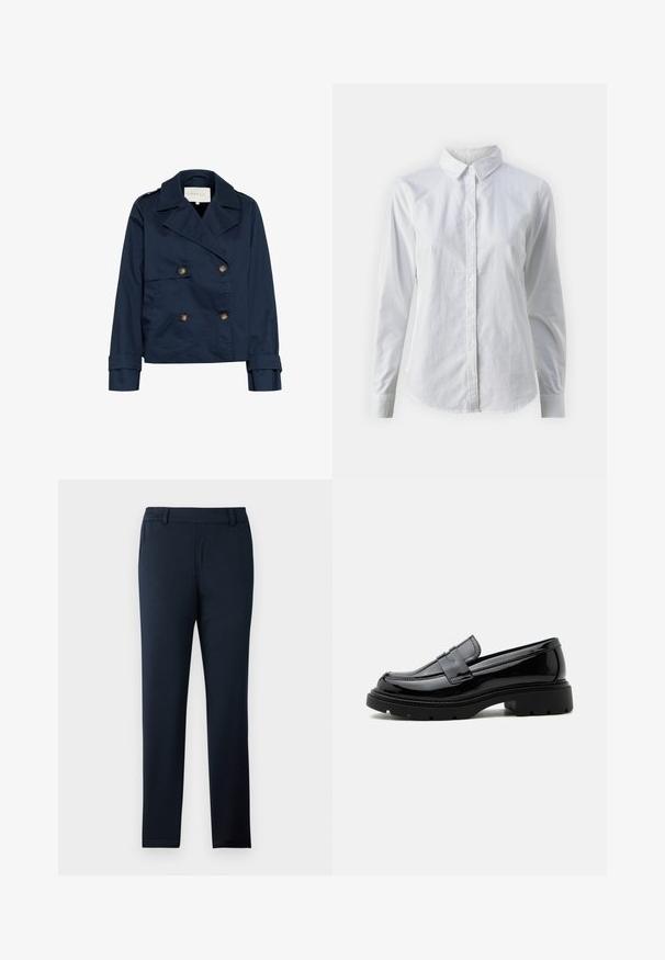 Chaqueta azul marino de doble botonadura con grandes solapas, botones dorados, bolsillos laterales y una textura de tela lisa y ligeramente brillante.; Camisa blanca de botones hecha de algodón suave, con un cuello clásico, mangas largas y un dobladillo curvado. Los botones son pequeños y blancos.; Pantalones azul marino hechos de una suave tela elástica. Presentan un diseño de frente plano, presillas para cinturón y un corte delgado y entallado.; Mocasín de cuero negro brillante con suela gruesa de tacos y tira tipo "penny", mostrado de perfil sobre un fondo blanco liso.