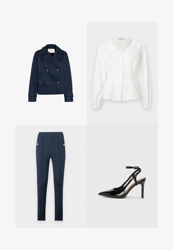 Chaqueta azul marino de doble botonadura con grandes solapas, botones dorados, bolsillos laterales y una textura de tela lisa y ligeramente brillante.; Blusa blanca de manga larga con escote en V, botones delanteros, cintura ajustada y puños elásticos, exhibida sobre un fondo liso.; Pantalones ajustados azul marino con costuras delanteras cosidas y bolsillos laterales angulados, cada uno con un solo botón redondo dorado.; Zapato de charol negro de tacón alto, tipo slingback, con punta afilada, correa ajustable en el tobillo y lados abiertos. Textura lisa.