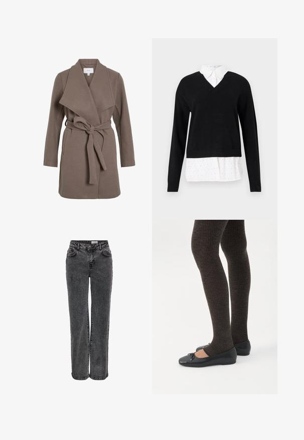 Bruine jas met riem en brede revers, gemaakt van een zachte stof. Beschikt over twee voorzakken en een relaxte pasvorm. Gladde textuur en eenvoudig ontwerp.; Zwarte V-hals trui over een witte blouse met een klein stippenpatroon, weergegeven op een effen achtergrond.; Zwarte denim jeans met een rechte pijpdesign, voorzien van zijzakken, riemlussen en een subtiele vervaagde textuur.; Benen met donkere geribbelde leggings gecombineerd met zwarte ballerina's met kleine strikdetails op een witte achtergrond.