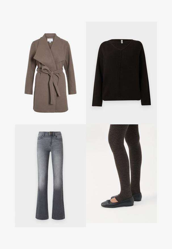 Brun bæltefrakke med en bred krave, lavet af et blødt stof. Har to forlommer og en afslappet pasform. Glat tekstur og enkelt design.; Sort v-hals sweater i et blødt, tekstureret strik. Har lange ærmer med ribbede manchetter og en subtilt syet midtersøm. Løs pasform.; Højtaljede, brede jeans i mørkegråt denim med forlommer, knaplukning og subtilt falmede effekter mod kanten.; Ben iført mørke ribbede leggings kombineret med sorte balletsko med små sløjfedetaljer på hvid baggrund.