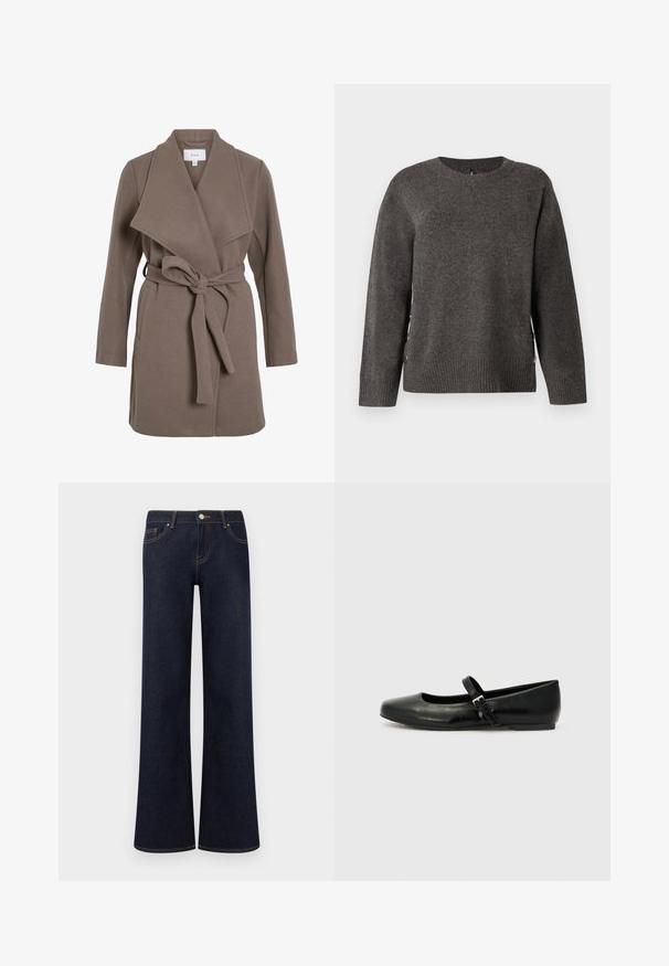 Brun bæltefrakke med en bred krave, lavet af et blødt stof. Har to forlommer og en afslappet pasform. Glat tekstur og enkelt design.; Grå strikket sweater med rund hals, ribbet kant og knapdetaljer i siden for et unikt design. Blød tekstur med en klassisk silhuet.; Mørkeblå vidde denimjeans med forlommer, knap- og lynlåslukning samt synlige kontrastsyninger.; Sorte læder balletflade med rund tå, flad sål og en tynd justerbar rem over svangen med en metalspænde.