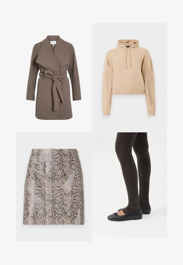 Bruine jas met riem en brede revers, gemaakt van een zachte stof. Beschikt over twee voorzakken en een relaxte pasvorm. Gladde textuur en eenvoudig ontwerp.; Beige cropped gebreid hoodie met lange mouwen en een capuchon met trekkoord, weergegeven op een witte achtergrond.; Een aangesloten mini-jurk met een glanzende, gestructureerde faux slangenprint in tinten beige en zwart, met een gladde afwerking en zonder zichtbare sluitingen.; Benen met donkere geribbelde leggings gecombineerd met zwarte ballerina's met kleine strikdetails op een witte achtergrond.