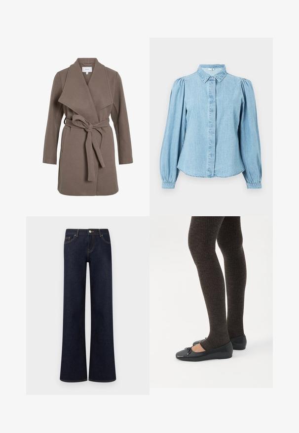 Brun bæltefrakke med en bred krave, lavet af et blødt stof. Har to forlommer og en afslappet pasform. Glat tekstur og enkelt design.; Lyseblå denimskjorte med spids krave, knapper foran og lange pufærmer. Glat tekstur med rundet kant forneden.; Mørkeblå vidde denimjeans med forlommer, knap- og lynlåslukning samt synlige kontrastsyninger.; Ben iført mørke ribbede leggings kombineret med sorte balletsko med små sløjfedetaljer på hvid baggrund.