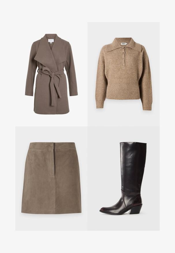 Brun bæltefrakke med en bred krave, lavet af et blødt stof. Har to forlommer og en afslappet pasform. Glat tekstur og enkelt design.; Brun sweater med krave, ribbede manchetter og kant. Har en knaplukning foran og en blød tekstur.; Taupe knælang ruskindsnederdel med lige pasform og skjulte sømdetaljer foran mod en ensfarvet baggrund.; Knæhøj, mørkebrun læderstøvle med spids tå, vinkelret blokhæl og en glat, blank overflade. Har et enkelt design og syningsdetaljer.