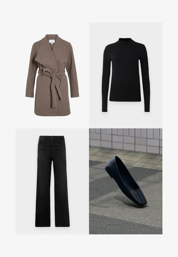 Brauner Mantel mit breitem Revers, aus einem weichen Stoff gefertigt. Verfügt über zwei Fronttaschen und eine lockere Passform. Glatte Textur und einfaches Design.; Schwarzes Langarm-Turtleneck-Shirt aus glattem Stoff; figurbetontes Design mit hohem Kragen und ohne sichtbare Nähte. Einfache, einfarbige Ausführung.; Schwarze Jeans im weit geschnittenen Stil aus Denim mit klassischem Fünf-Taschen-Design, Knopfverschluss und subtiler Textur. Klare Linien und minimale Verzierungen.; Schwarzer flacher Lederschuh steht aufrecht auf einer Asphaltfläche nahe dem Rand eines gefliesten Bürgersteigs.