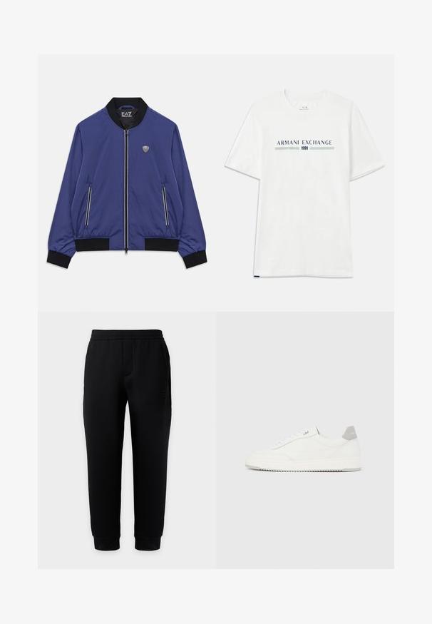 Blauwe bomberjack met ritssluiting, zwarte kraag, manchetten en tailleband, ritssluiting aan de voorkant, en EA7-logo op de borst en binnenkant van de kraag.; Witte katoenen T-shirt met korte mouwen, voorzien van een blauw en groene "ARMANI EXCHANGE" logo en "1991" gecentreerd eronder.; Zwarte taps toelopende joggingbroek met elastische tailleband en boorden, zijzakken en subtiel logo op de rechterdij tegen een effen achtergrond.; Witte lage sneaker met grijze hielpatch, witte veters en een gestructureerde zool, gepresenteerd op een effen lichte achtergrond.