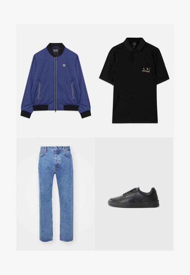 Blå zip-up bomberjakke med sort krave, manchetter og kantbånd, frontlynlåste lommer og EA7-logo på brystet og indeni kraven.; Sort polo-shirt lavet af bomuld, med en tre-knaps placket og et guld broderet logo på venstre bryst. Korte ærmer, klassisk pasform.; Won Hundred STEVE - Jeans Relaxed Fit - cut blue; Sorte lædersneakers med en glat finish, rund tå, struktureret sidelæder og sorte snørebånd. Har en flad gummisål og et minimalistisk design.