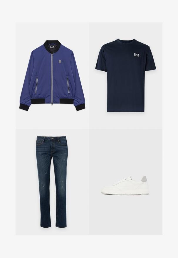 Blå zip-up bomberjakke med sort krave, manchetter og kantbånd, frontlynlåste lommer og EA7-logo på brystet og indeni kraven.; Mørkeblå bomulds t-shirt med korte ærmer, rund udskæring og EA7-logo i hvid på øverste venstre side. Glat tekstur, afslappet design.; Mørkeblå slim-fit jeans med let falming og små hvide malingssprøjt, med fem lommer og knaplukning.; Hvid lavtop-sneaker med gråt hælflig, hvide snørebånd og tekstureret sål, vist på en ensfarvet lys baggrund.