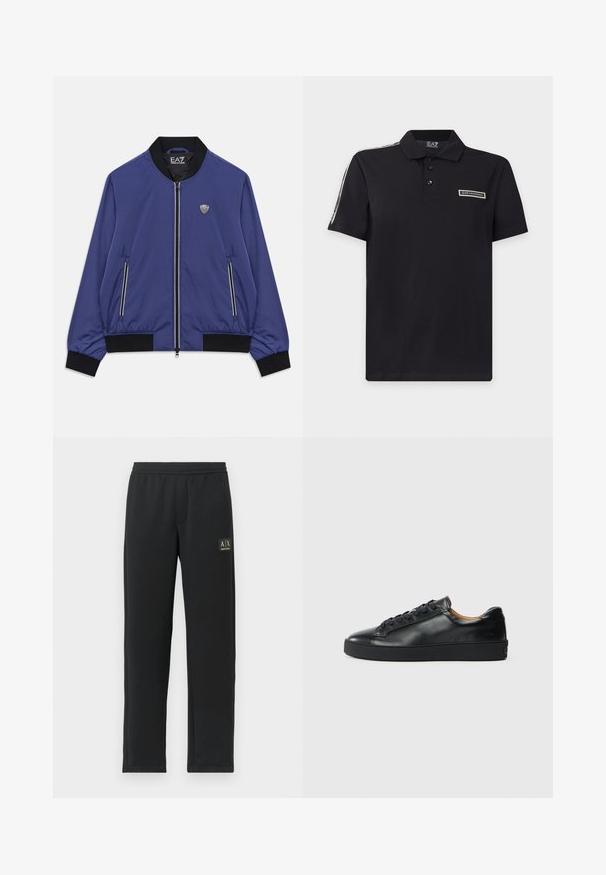Blå zip-up bomberjakke med sort krave, manchetter og kantbånd, frontlynlåste lommer og EA7-logo på brystet og indeni kraven.; Sort kortærmet polo med tre knapper, EA7 Emporio Armani-logo på brystet og markeret bånd langs skulderen.; Sorte sweatpants med lige ben, elastisk talje og sort logo-patch på venstre lår.; Sorte lædersneakers med en glat overflade, rund tå og snørebåndslukning. Har en tyk gummisål og minimal branddetalje.